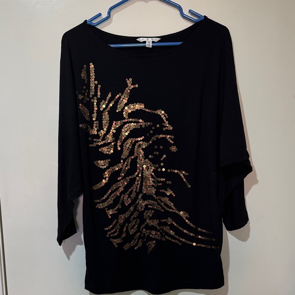CAbi Black Top with Gold Sequin Design medium